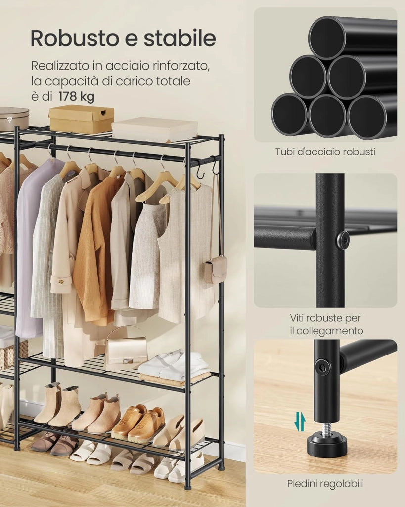 SONGMICS Stand Appendiabiti, Guardaroba Aperto, Armadio con 10 Ripiani, 3 Aste Appendiabiti, 4 Ganci a S, Metallo, per Camera da Letto Soggiorno Ingresso, Nero LGR011BZ01