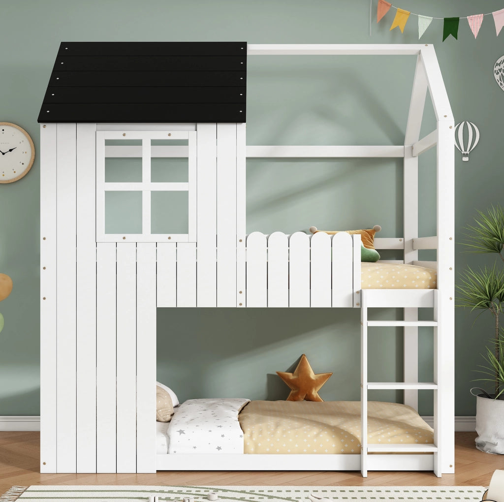 Letto a soppalco per bambini a casetta con scala 3 gradini; 90x200 cm; pino e MDF; bianco e nero