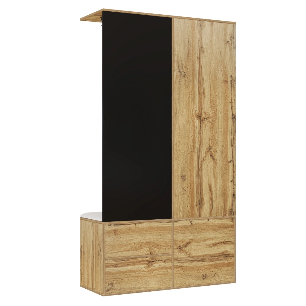 Mobile Ingresso con Specchio; Panca Scarpiera; 2 Ganci; Appendiabiti Estraibile; Lucido; Nero e Naturale; 100??38??180 cm