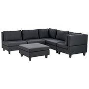 Divano componibile a 5 posti imbottito lato sinistro in tessuto nero con gambe nere e pouf stile moderno