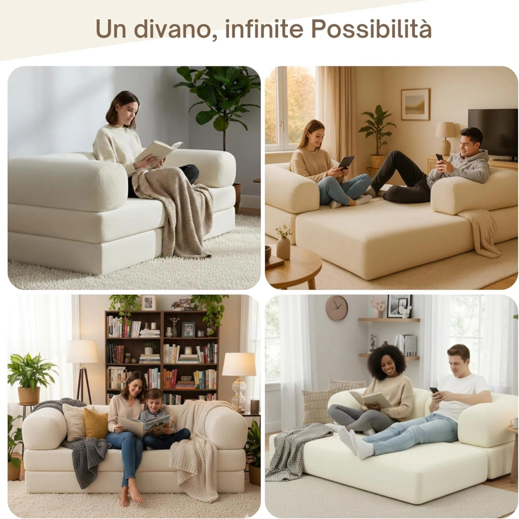 Divano 2 Posti Prodotto in Francia - Divano Letto Modulare in Schiuma ad Alta Densità e Tessuto in Velluto a Coste - Design Innovativo Boneless Couch, Spedito Compresso (Ecru)