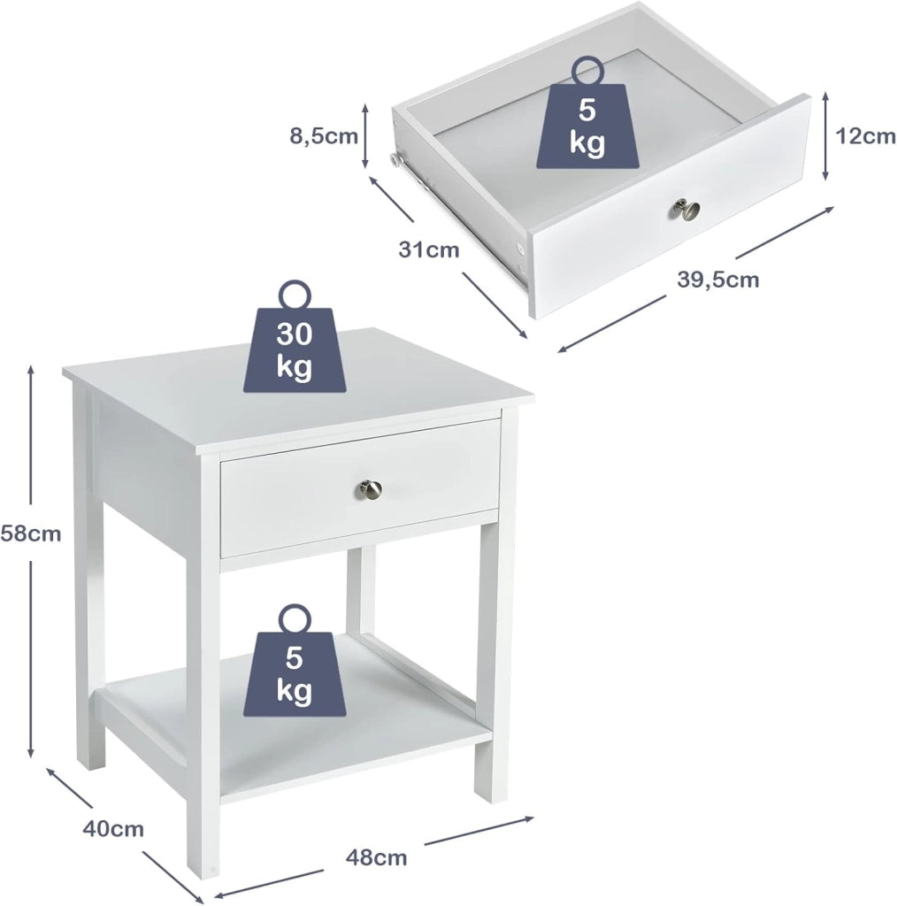 Comodino con Cassetto, Tavolino in Legno con 2 Livelli, Cassettiera da Letto Multifunzionale per Salone Camera da Letto Corridoio, 48 x 40 x 58 cm (Bianco, 2 Pezzi)