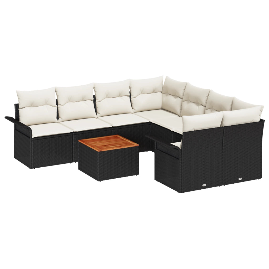Set di Divani da Giardino da 9 Pezzi con Cuscini Nero Polirattan Acacia