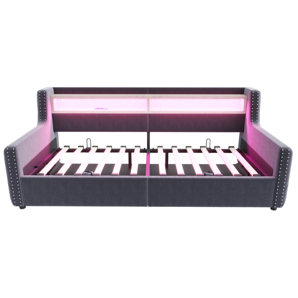 Divano letto imbottito 90x200 cm con contenitore, LED, prese USB/Type-C