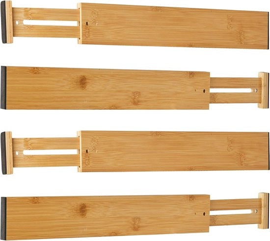 Sistema di apertura e chiusura in bambù naturale, regolabile (43-56 cm), sistema di apertura e chiusura morbido, organizzatore per cucina, bagno, camera da letto, comodino e ufficio, set da 4 pezzi.