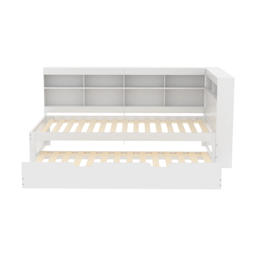 Letto estraibile singolo 90×200 cm con USB e vani portaoggetti; senza materasso; legno; bianco