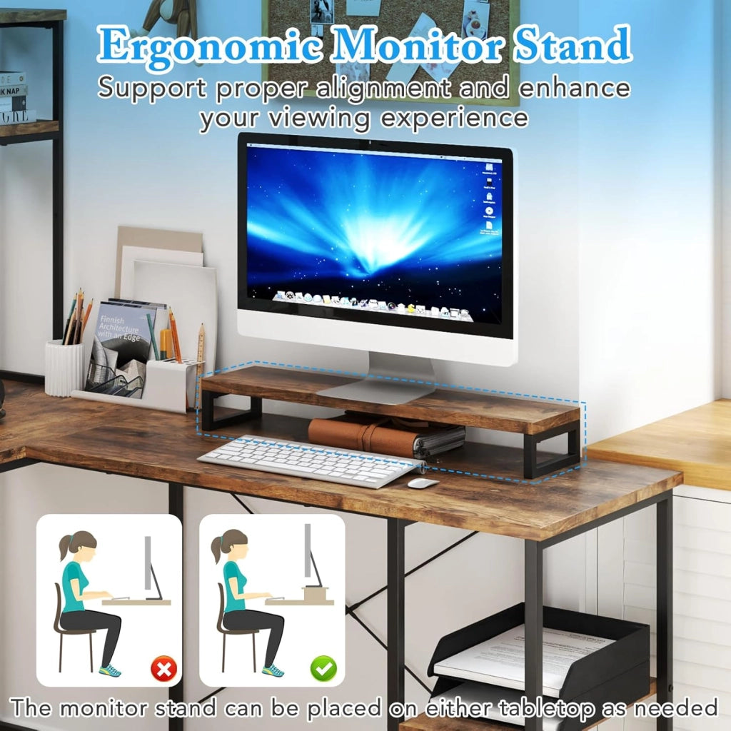 Scrivania per computer a forma di L convertibile con LED, ripiani aperti e supporto per monitor, gancio laterale, stazione di ricarica, 145 x 145 cm, per ufficio, studio (marrone)