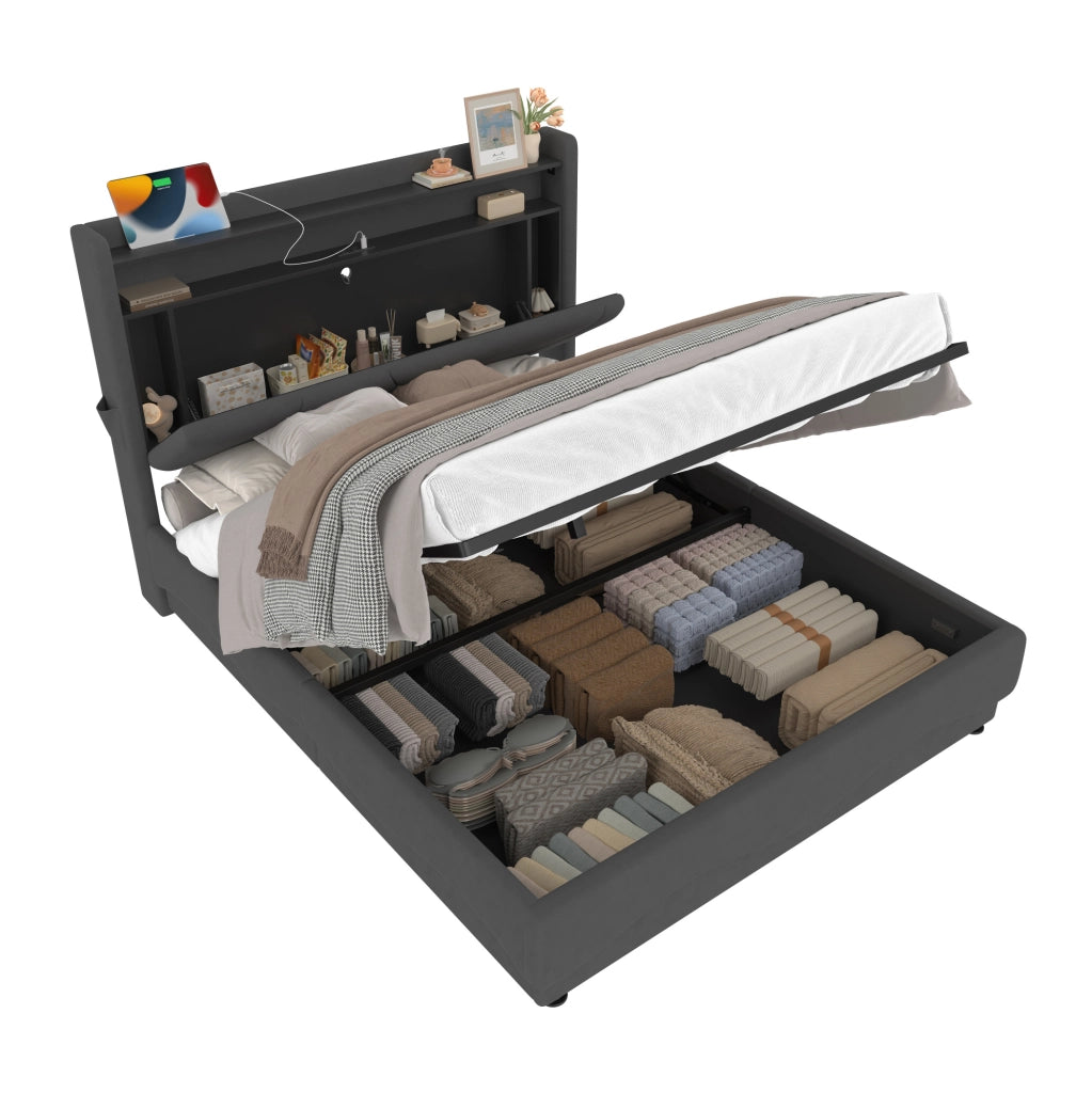 Letto 160x200 cm con LED, contenitore, USB e Type-C