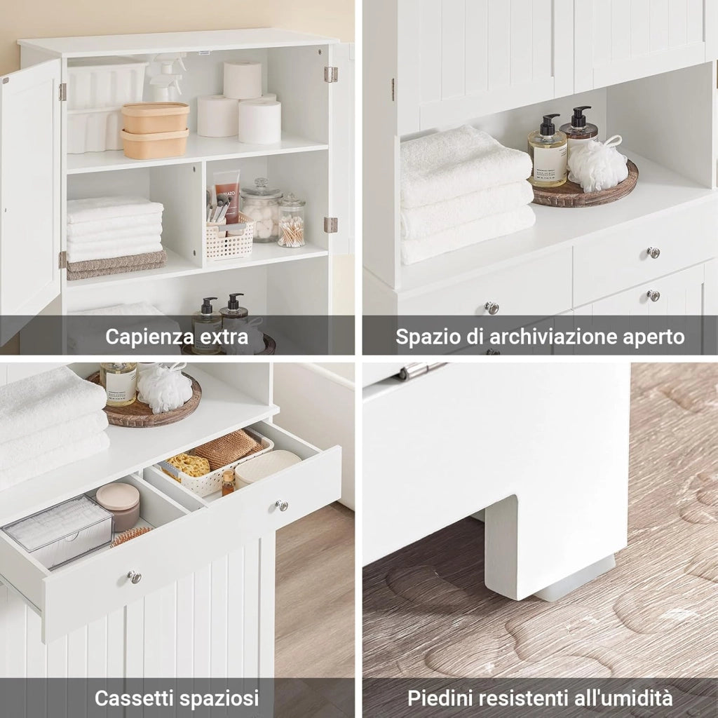 Mobile Bagno Salvaspazio con 2 Cesti Portabiancheria e 2 Cassetti Colonna Bagno Stretta 78x38x181cm Armadietto con Ripiano Aperto e Vano per Famiglie e Piccoli Spazi BZR215-W