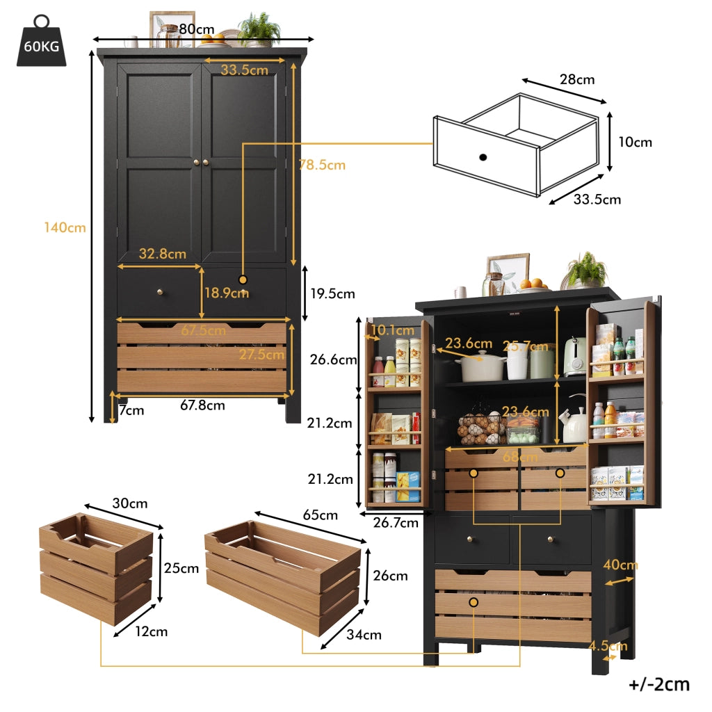 Credenza da cucina 80x40x140 cm con 5 cassetti e doppia anta, mobile multiuso nero
