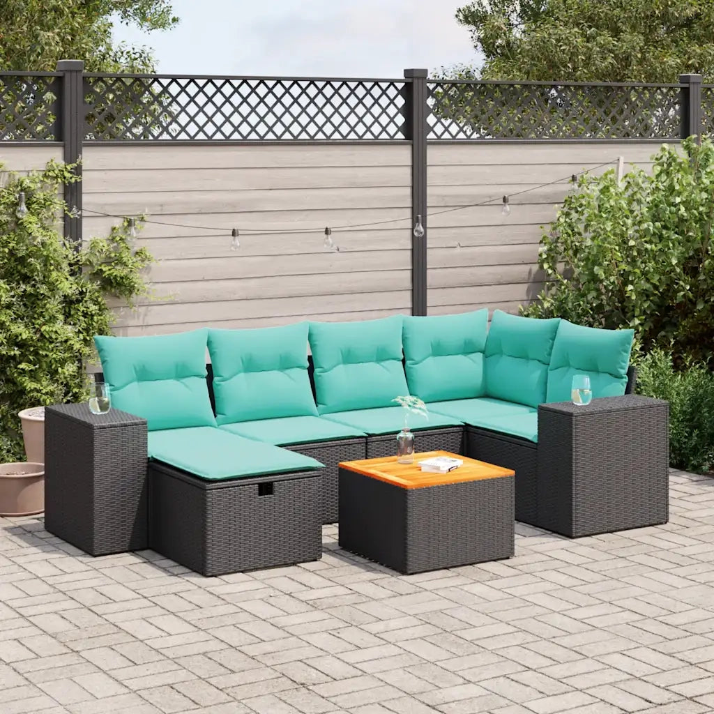 Set Divani da Giardino con Cuscini 7pz Nero Polyrattan