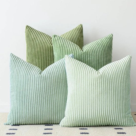 Set di cuscini quadrati decorativi in corduroy morbido e flanella a strisce, confezione da 4, per arredamento di soggiorno o camera da letto, 45 x 45 cm, Verde 2