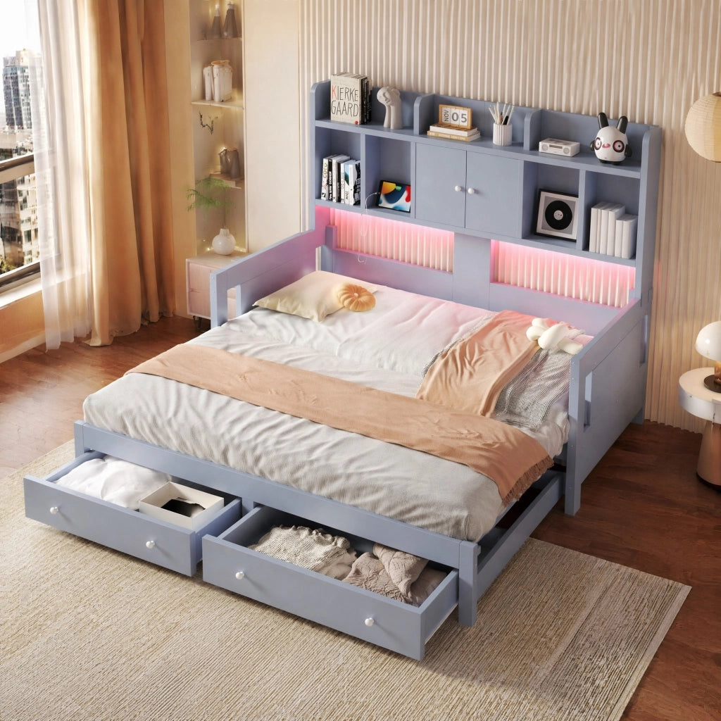 Divano letto estraibile in legno con cassetti; LED e presa; grigio; 90x190 cm