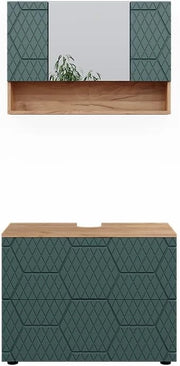 Set mobili bagno Irma, Quercia verde/oro, 80 cm, composto da specchio da bagno e mobile sottolavabo