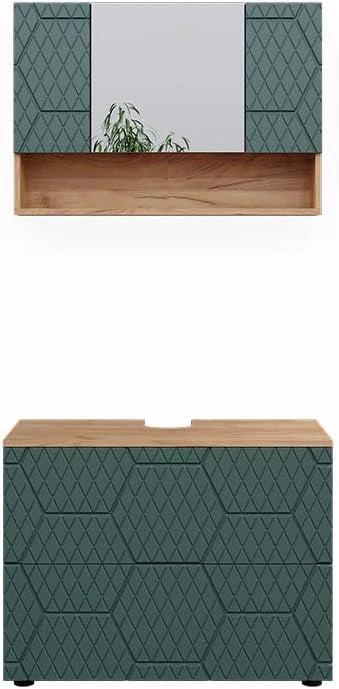 Set mobili bagno Irma, Quercia verde/oro, 80 cm, composto da specchio da bagno e mobile sottolavabo