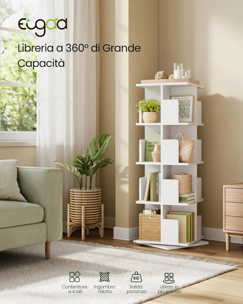 Libreria Girevole a 360°, Scaffale Multilivello Moderno con Kit Antiribaltamento, Ripiano per Soggiorno Ufficio, 40x40x129cm, Bianco