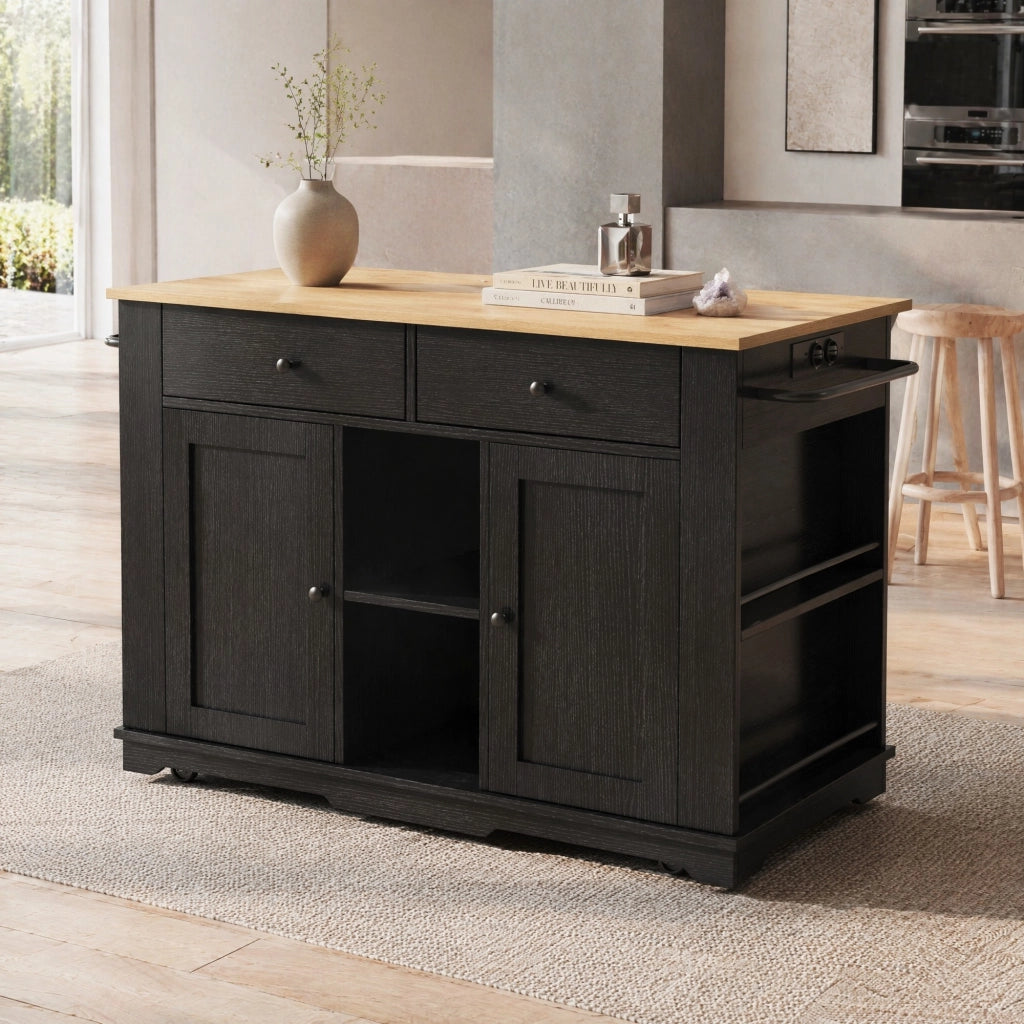 Carrello da cucina con lato pieghevole prese integrate 2 cassetti 6 vani in MDF e metallo nero e naturale