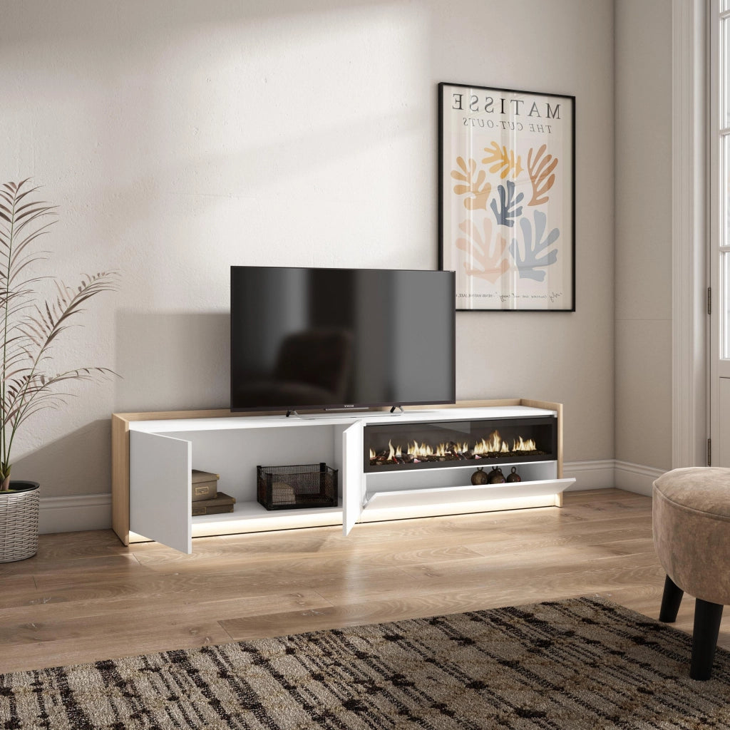 Mobile TV Soggiorno, 207x50x37 cm, Per TV fino a 80", Camino elettrico, LED, Bianco e Rovere soft