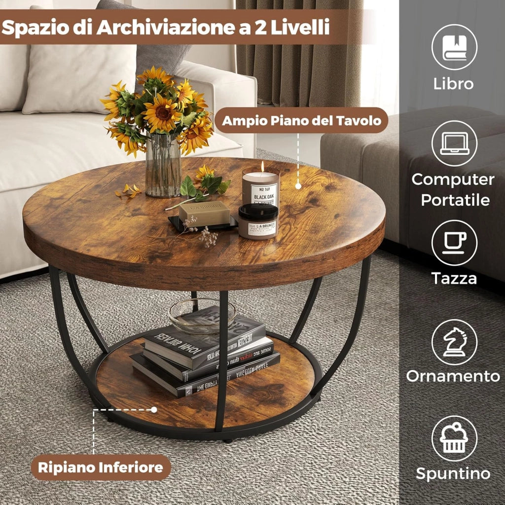 Tavolino da Caffè Rotondo a 2 Ripiani, Tavolo da Salotto in Legno con Struttura in Metallo, Tavolino Soggiorno Industriale con Piedini Regolabili, 80 x 80 x 45 cm (Marrone scuro)