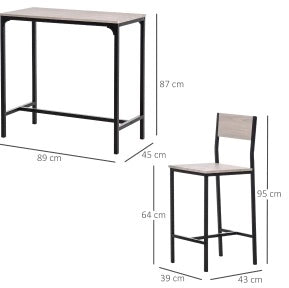 Set bar con tavolo e 2 sedie in MDF naturale e nero, 89x45x87 cm, per cucina e sala da pranzo