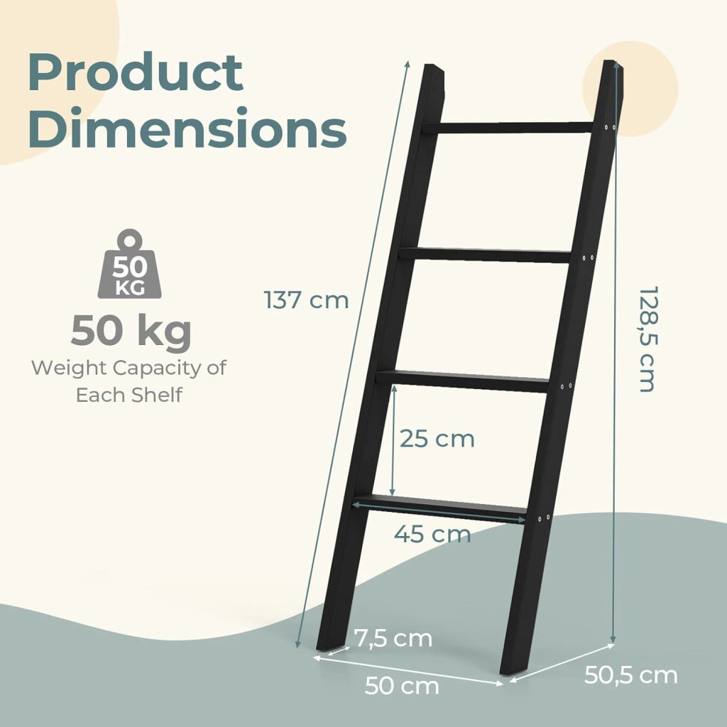Portasciugamani a Scala da Bagno con 4 Barre per Appendere Asciugamani e Vestiti, Scaffale a Parete, 50 x 50,5 x 128,5 cm, Portasciugamani in Legno a 4 Livelli per Bagno, Soggiorno, Camera da