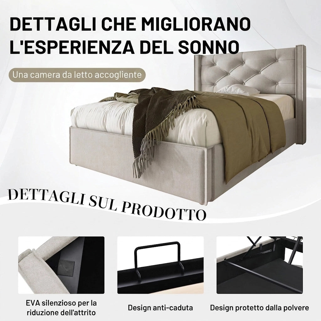Letto Singolo con Contenitore 90x200; Letto Imbottito Grigio Chiaro in Cotone e Metallo