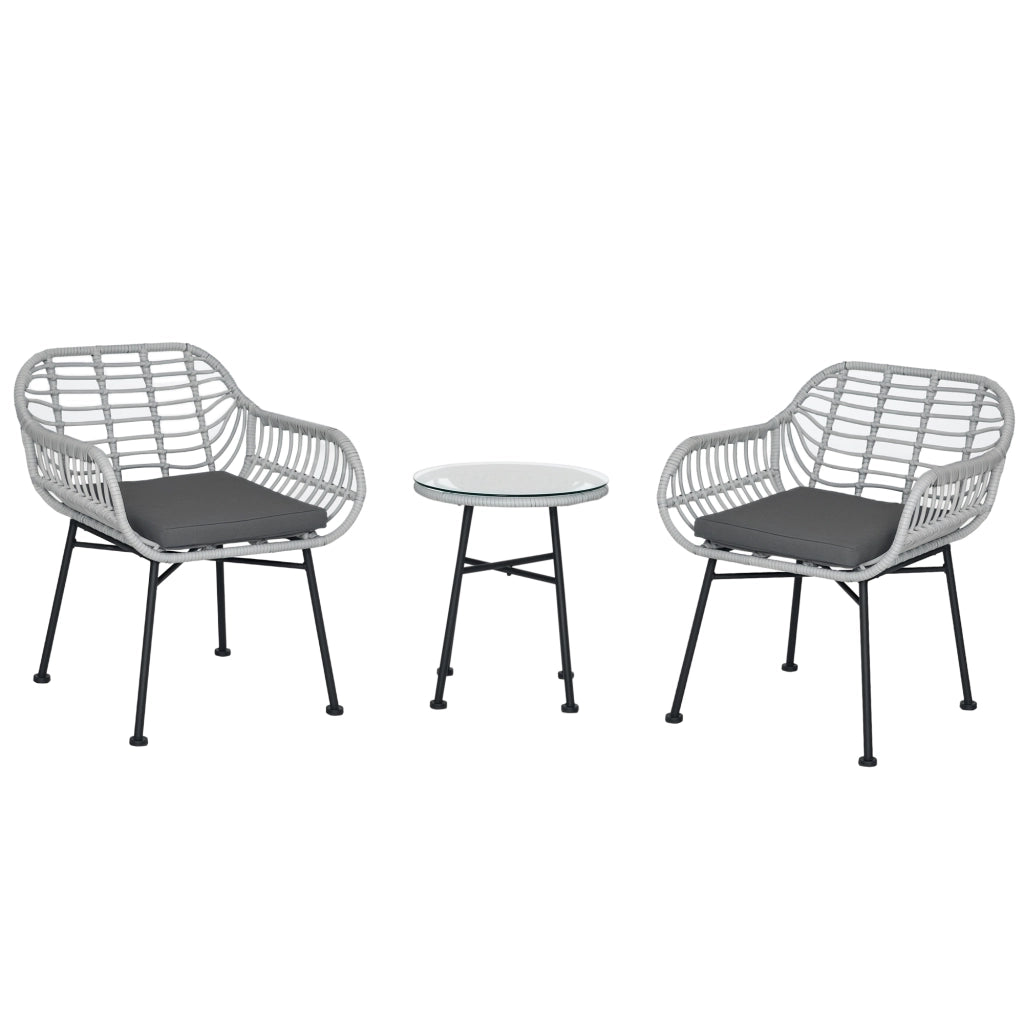Set Divano da Esterno in Polyrattan con 2 Sedie e Tavolino in Vetro ¨C Zephmum ¨C Grigio
