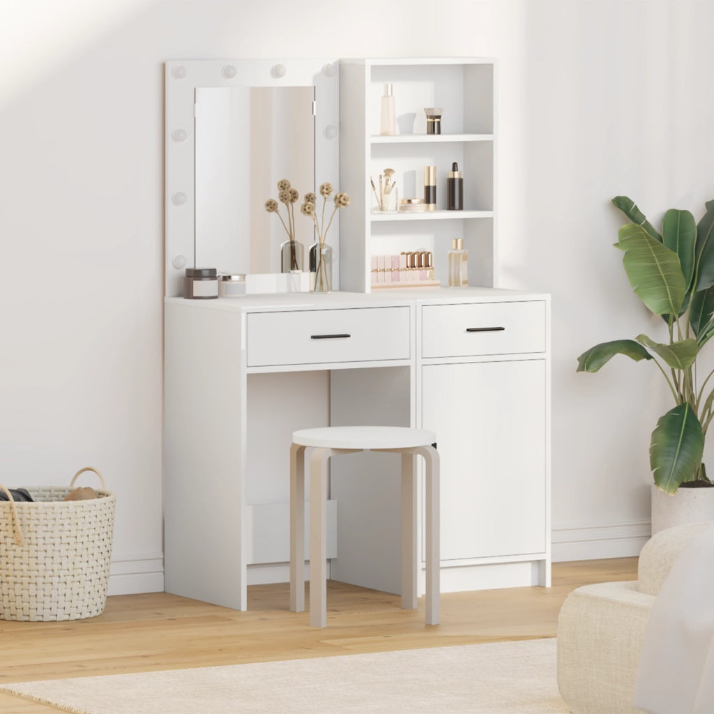 Set da Due Pezzi per Tavolo da Trucco con LED in Legno Bianco