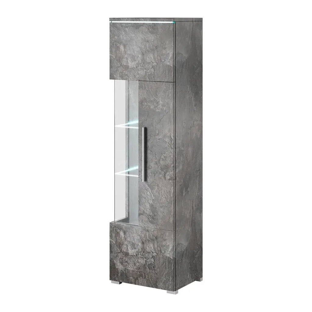 Vetrina alta design con illuminazione LED multicolore collezione BOMBAY. Colore grigio effetto ardesia. Apertura a destra.