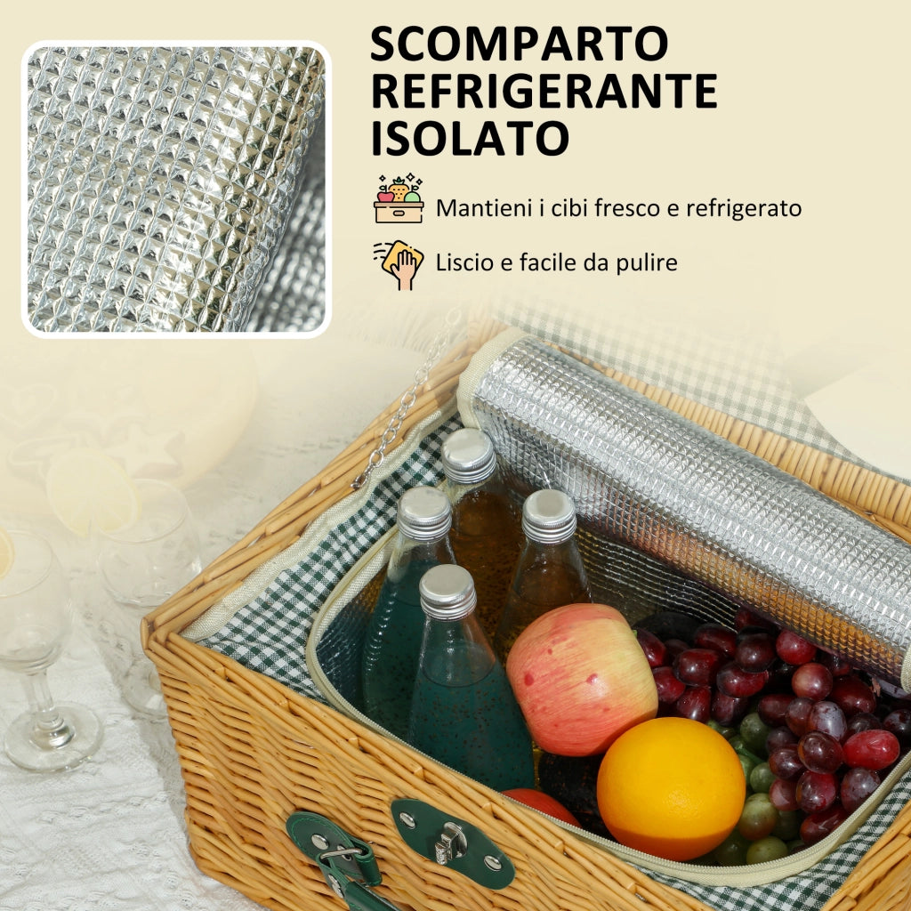 Cestino da Picnic 2 Persone in Rattan con Area Termica e Cavatappi ¨C zephmum ¨C Marrone Chiaro 40x30x20 cm