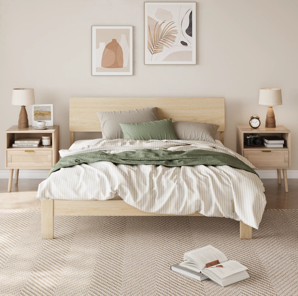 Comodino 45x40x55 cm rovere in MDF e rattan, cassetto e vano aperto