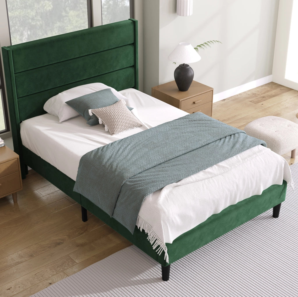 Letto singolo 90x200 cm in velluto verde scuro con rete a doghe e testiera imbottita