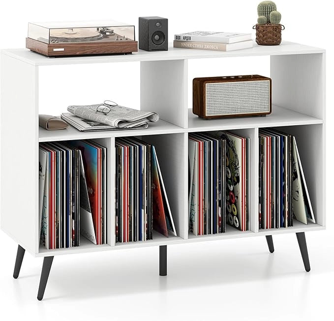 Supporto per Giradischi, Mobiletto per Giradischi a 3 Livelli con Scaffali per Vinili, Tavolino per Dischi con 5 Gambe, Scaffale Espositivo per Soggiorno, Sala Musica (Bianco)