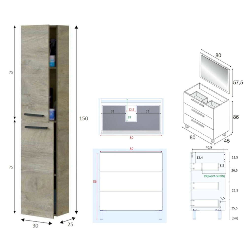 Corbola, set Mobili Bagno Specchio Incluso, Marrone Quercia