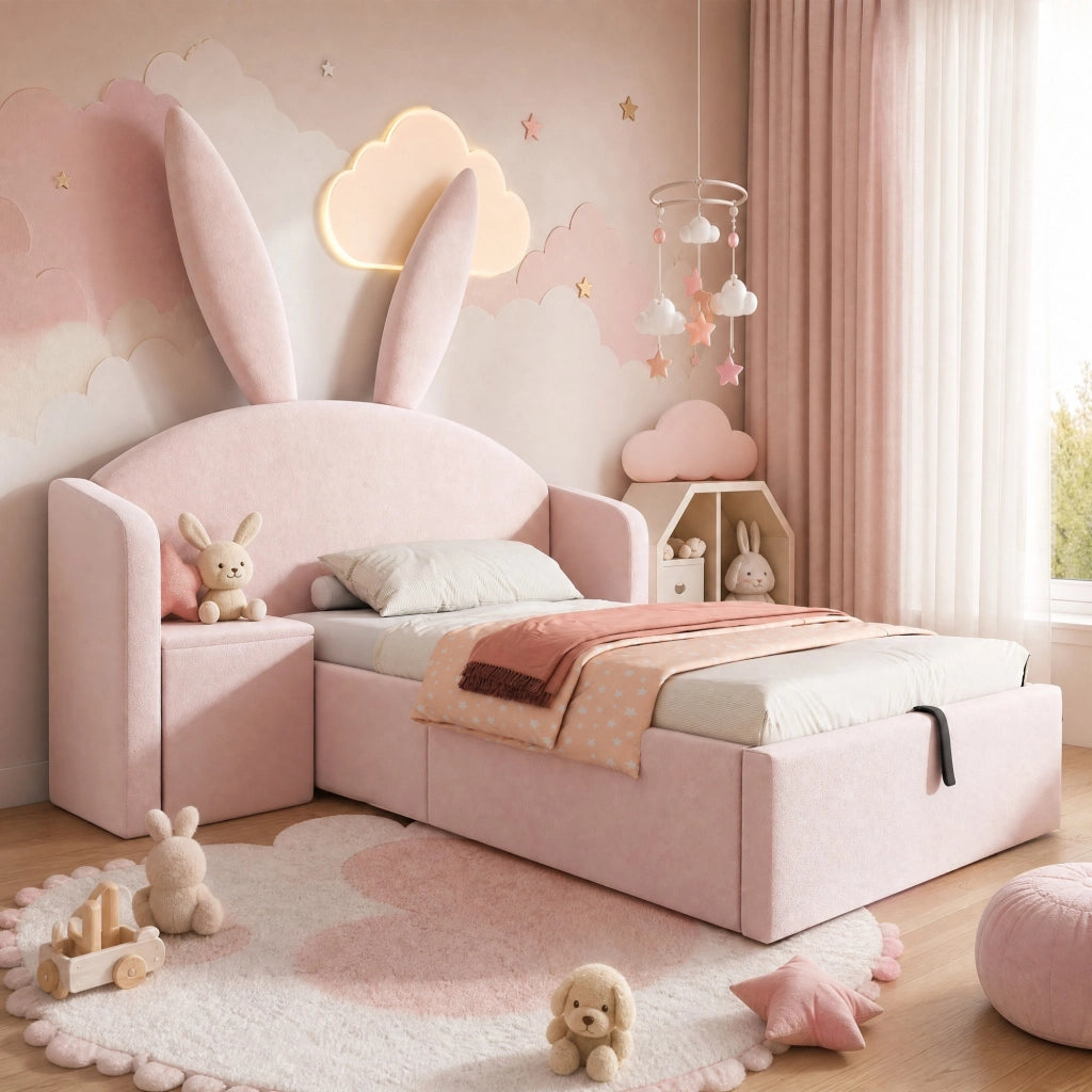 Letto singolo 90x190 cm imbottito rosa con contenitore; comodino integrato e testiera con orecchie