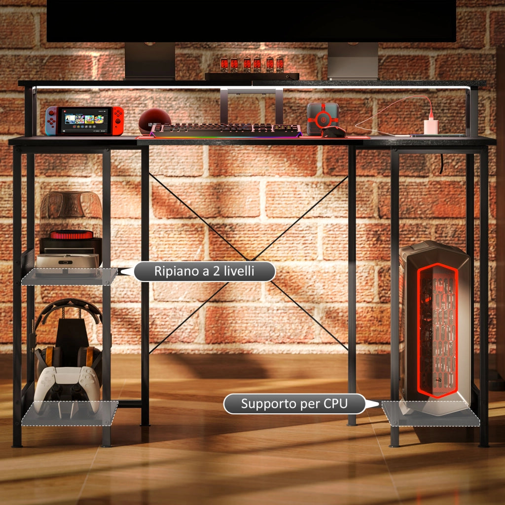 Scrivania Gaming con LED e Supporto Monitor ¨C Xylo ¨C Nero 120x50cm con Scaffale e Prese Elettriche