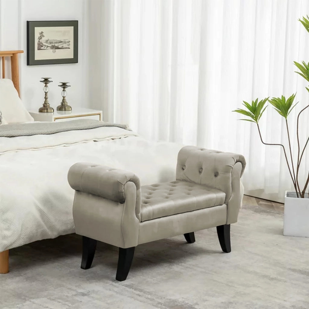 Divanetto In Velluto Panca Contenitore Pouf PortaOggetti Panca Sgabello A Pie Di Letto Cassapanca Ingresso Legno Massello Panchina - Beige