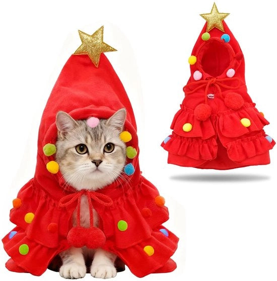 Costumi per animali domestici per Natale - Abito da Natale per piccoli cani con stella/pompon - Rosso - Costume da Natale elegante per cani - Disegno di abito da Natale per albero - Taglia piccola