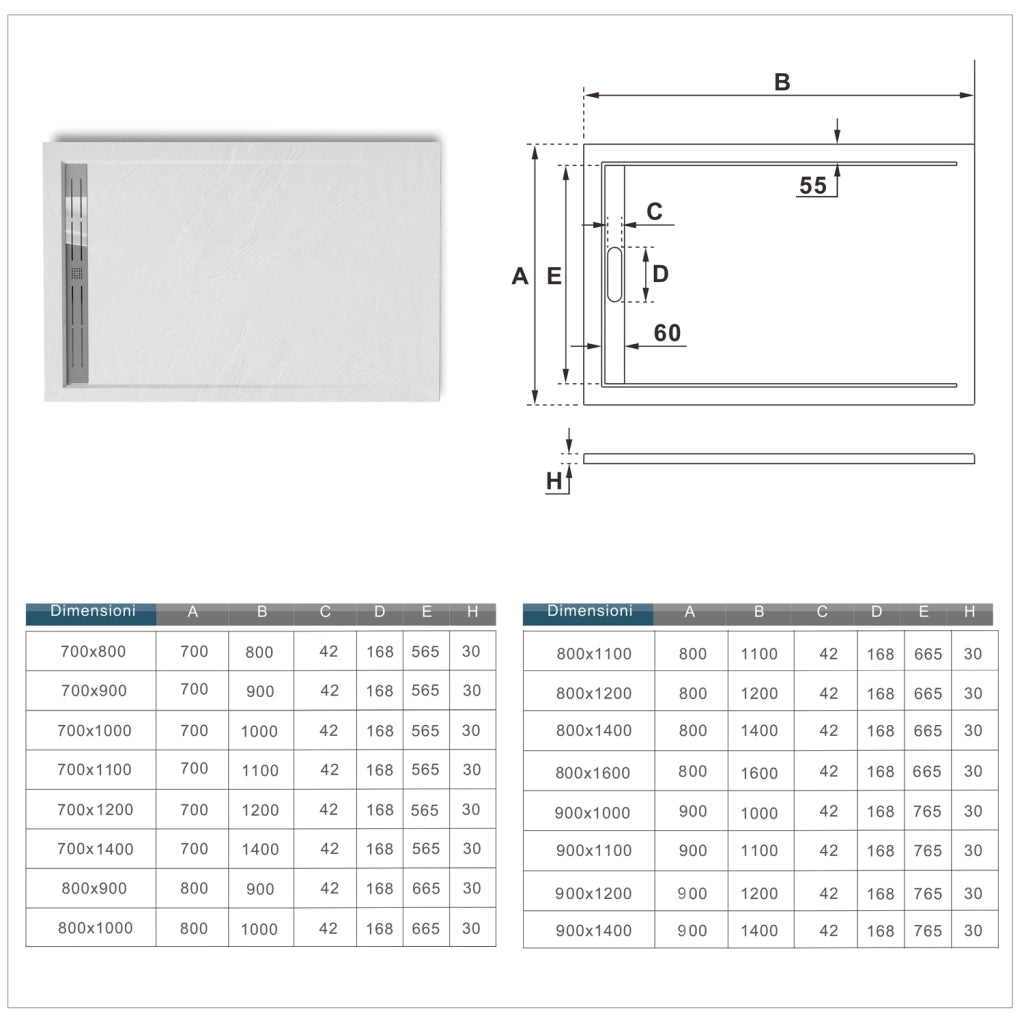 Piatto Doccia Rettangolare 70x120x3cm in Pietra Vulcanica e Resina Mista Finitura Pietra Bianca Ruvida Ultraslim 3 cm Antiscivolo Antibatterico