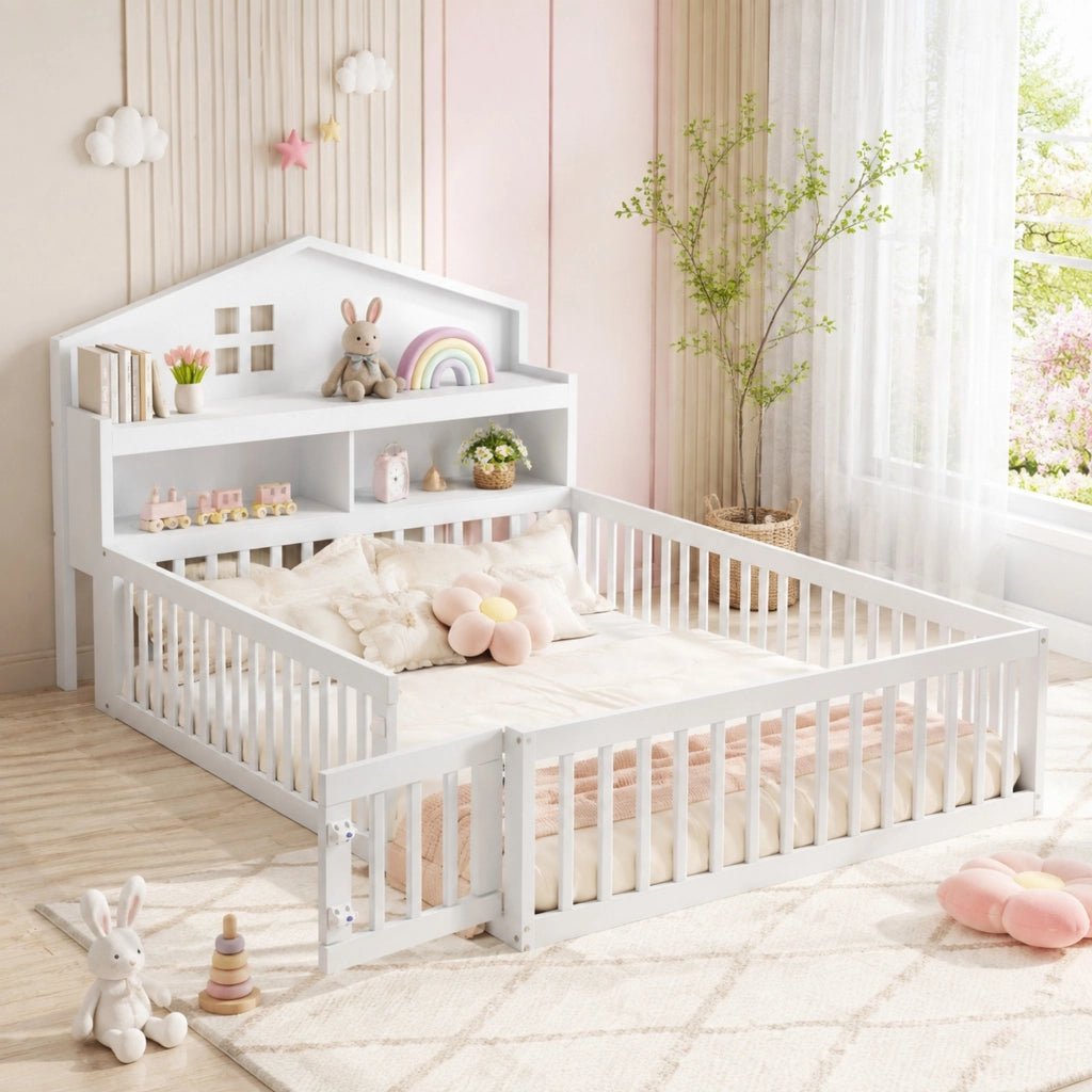 Lettino per bambini a forma di casa 140x200 cm in legno massello; bianco