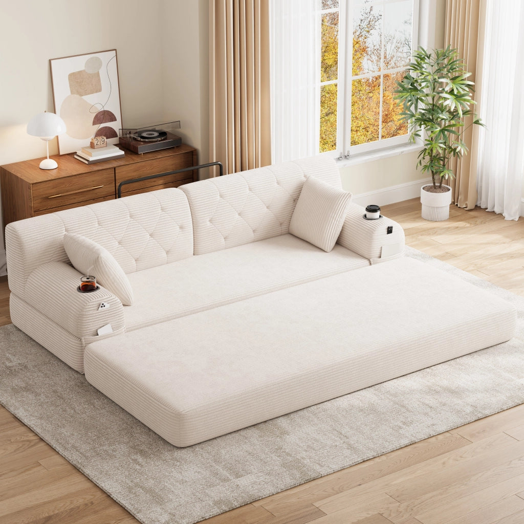 Divano letto a 3 posti in velluto a coste con schienale alto, 4 tasche e 2 portabicchieri, senza montaggio, beige