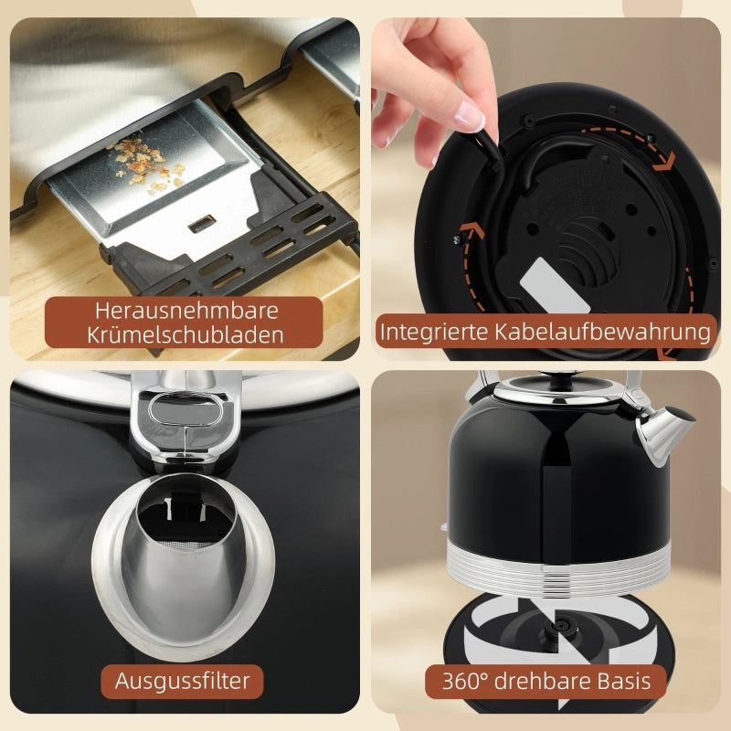 Set bollitore e tostapane, 7 livelli di doratura, 1,7 L, plastica, acciaio inox, nero