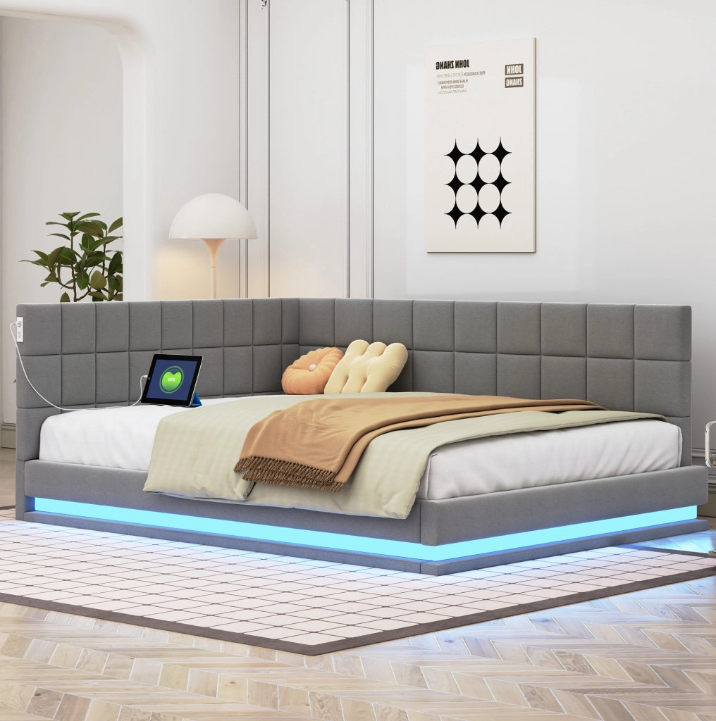 Divano letto 140x200 cm con LED e USB; lino grigio (Senza materasso)