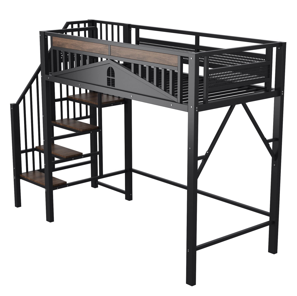 Letto a soppalco 90x200 cm in metallo nero con scala