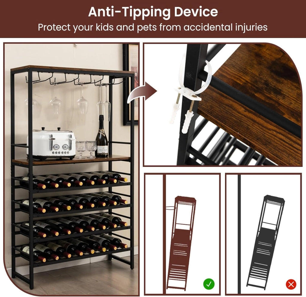 Portabottiglie Industriale Da Pavimento, Scaffale Per Vino a 6 Livelli Indipendente, Armadio In Metallo Con Righe Per 16 Tazze e 32 Bottiglie Per Cucina, Bar, Sala Da Pranzo, 80 x 30x140 cm