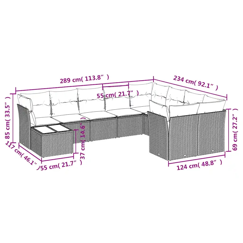 Set Divani da Giardino 10pz con Cuscini in Polyrattan Marrone