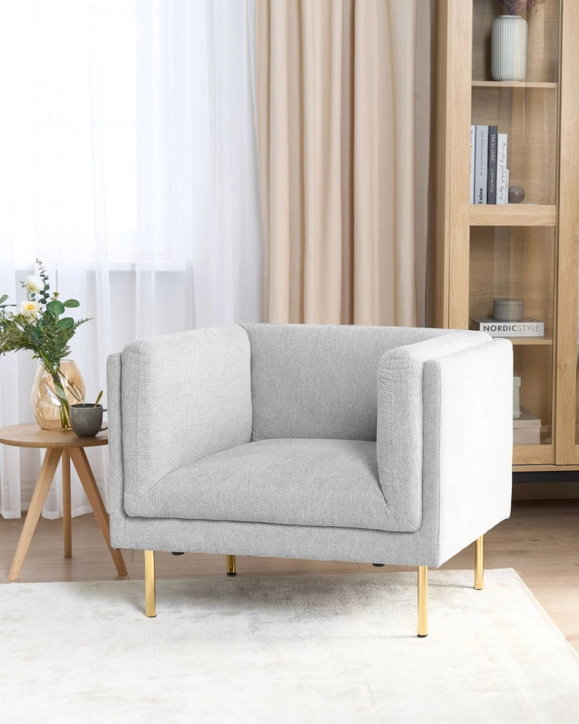 Poltrona Grigio Tessuto Oro Cromato Gambe in ferro con braccioli Soggiorno moderno minimalista
