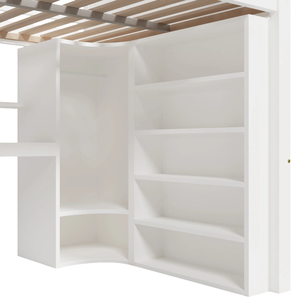 Letto a soppalco 140x200 cm con LED; scrivania e armadio in legno bianco