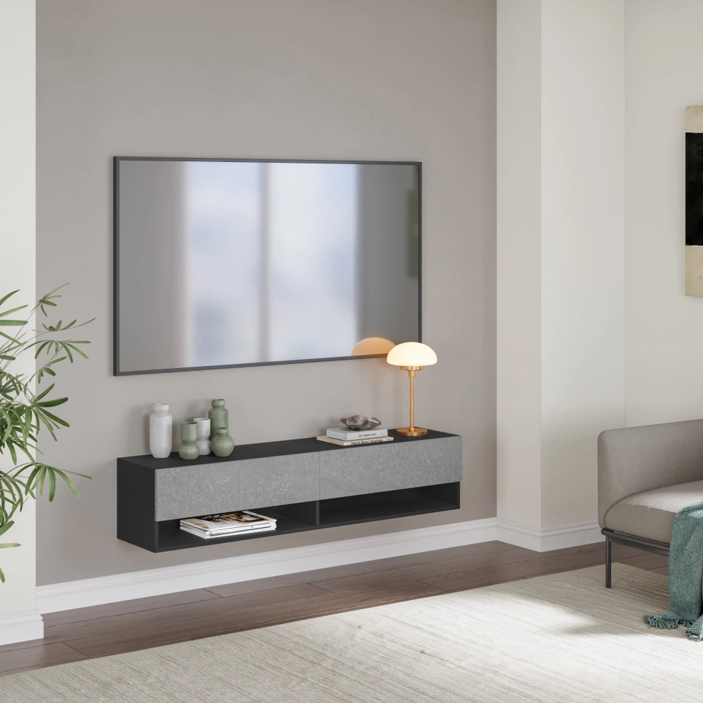 Mobile Porta TV Halmstad da Parete con Ante a Ribalta 140 x 31 x 30 cm - Nero/Effetto Cemento [en.casa]