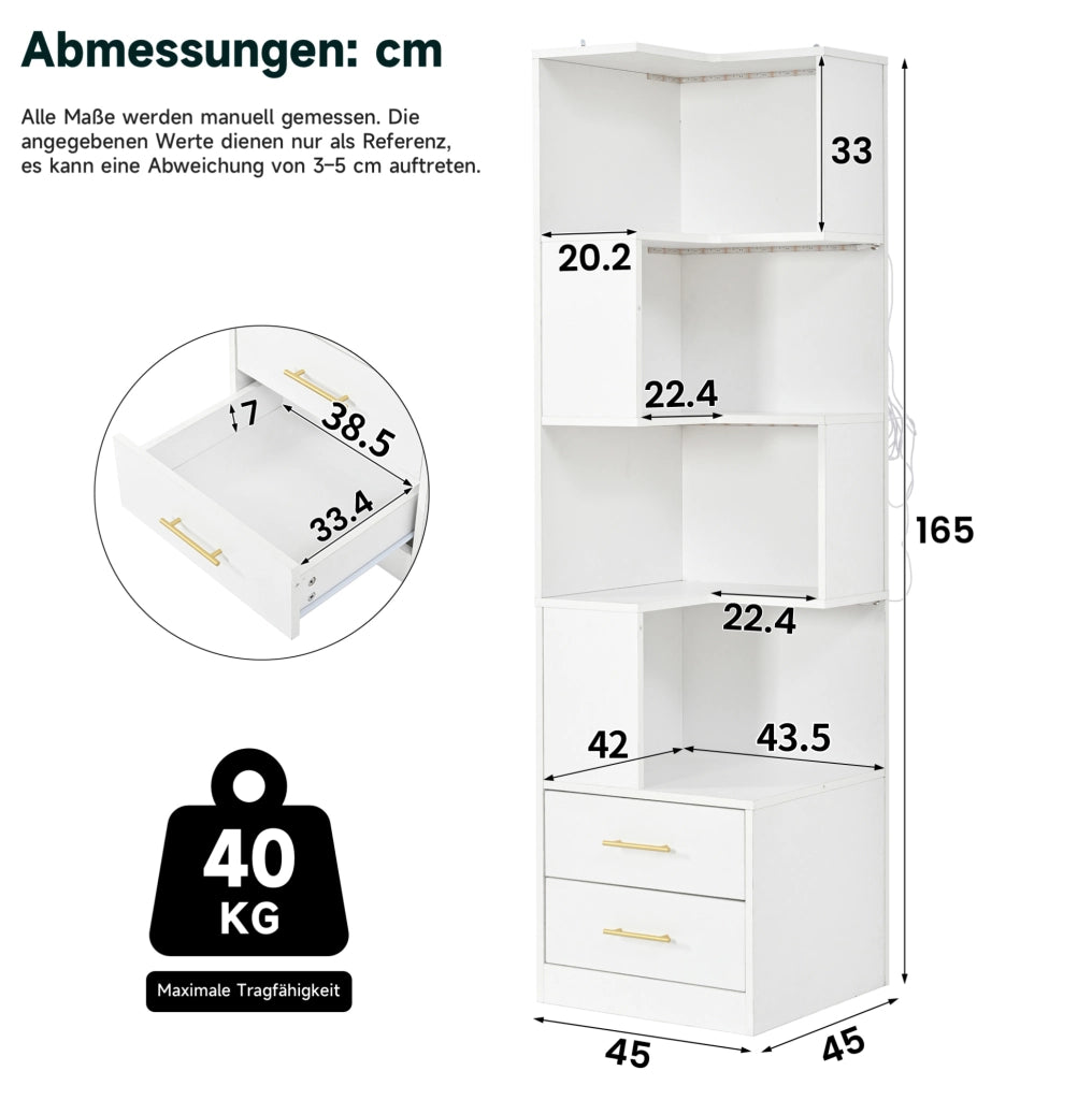 Scaffale angolare freestanding 165 cm con LED; 4 ripiani e 2 cassetti; bianco